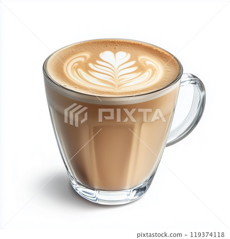 Latte art design is created on a coffee foam in a glass cup on a white background 119374118
