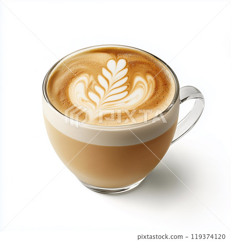 Latte art design is created on a coffee foam in a glass cup on a white background 119374120