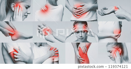 Medical problems collage. Young female showing pain in different body parts 119374121