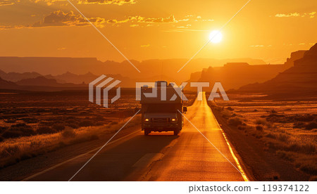 Route 66 highway camper road trip in the desert, adventure, travel. USA, sunset, golden hour, campervan, nature, camping 119374122