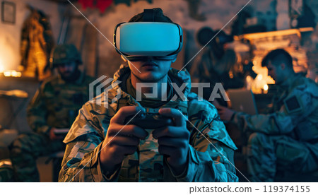 Military army soldier FPV drone pilot flying a drone in a bunker basement. Secret operation, weaponized modern technology, war strategy, aerial defense, assault 119374155