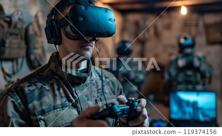 Military army soldier FPV drone pilot flying a drone in a bunker basement. Secret operation, weaponized modern technology, war strategy, aerial defense, assault 119374156