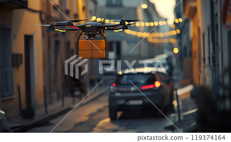 Commercial delivery drone delivering a package in a city. Copy space, modern technology innovation, aerial postage 119374164