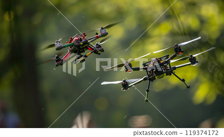 Drone race, FPV drones flying through obstacles, competition, sport. Innovation, commercial drone pilot training, contest 119374172