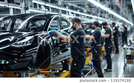 EV automated manufacturing factory with workers. Electric vehicle cars, modern technology, mass production, clean energy future EV automated manufacturing factory with workers. Electric vehicle cars, modern technology, mass production, clean energy future 119374188