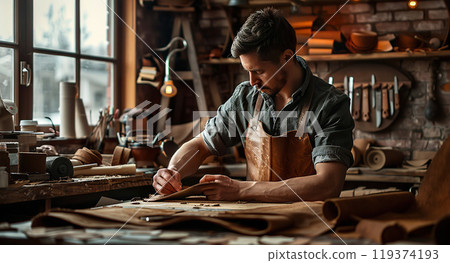 Old leather smith worker artisan in a workshop making a product. Copy space, leathersmith, craftsman, traditional craftsmanship Old leather smith worker artisan in a workshop making a product. Copy space, leathersmith, craftsman, traditional craftsmanship 119374193