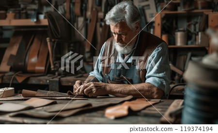 Old leather smith worker artisan in a workshop making a product. Copy space, leathersmith, craftsman, traditional craftsmanship 119374194