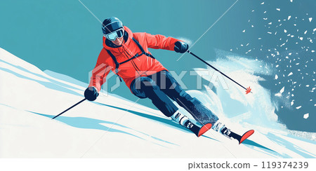 Illustration of a professional skier wearing a helmet and goggles is skiing downhill on a snowy mountain Illustration of a professional skier wearing a helmet and goggles is skiing downhill on a snowy mountain 119374239