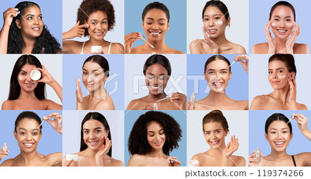A vibrant group of women of various ages demonstrate their skincare routines. Each individual applies different products, smiling and sharing tips in a light blue setting. A vibrant group of women of various ages demonstrate their skincare routines. Each individual applies different products, smiling and sharing tips in a light blue setting. 119374266