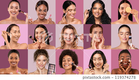 A vibrant display features a diverse group of women applying makeup and radiating joy. Each woman demonstrates different techniques using various tools against a colorful backdrop. A vibrant display features a diverse group of women applying makeup and radiating joy. Each woman demonstrates different techniques using various tools against a colorful backdrop. 119374278