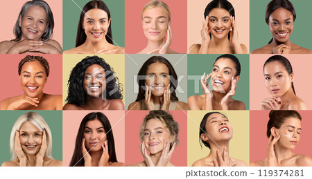 A group of women representing various ages and skin tones express joy and confidence while engaging in skincare routines against colorful backdrops. A group of women representing various ages and skin tones express joy and confidence while engaging in skincare routines against colorful backdrops. 119374281