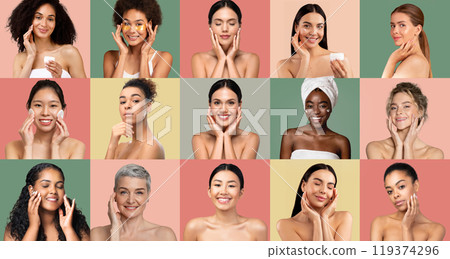 A group of women from various backgrounds demonstrates their skincare routines, each expressing joy and confidence while applying products in a vibrant, pastel-colored setting. 119374296