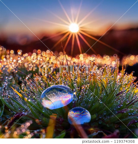 清晨的露珠緊緊地附著在小草和花瓣上,像小寶石一樣閃閃發光。 清晨的露珠緊緊地附著在小草和花瓣上,像小寶石一樣閃閃發光。 119374308