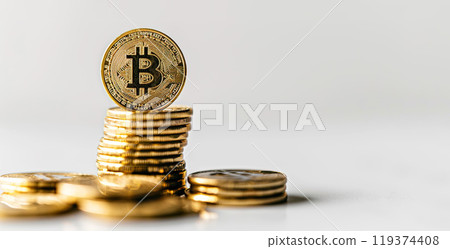 Bitcoin crypto token coins stacked on a white background. Investing success, physical currency blockchain, cryptocurrency, value, rising market 119374408