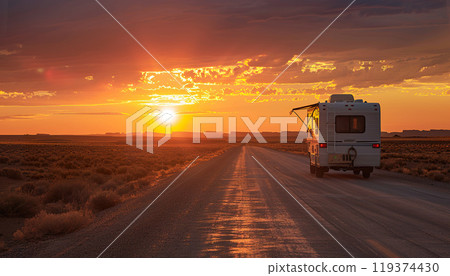 Route 66 highway camper road trip in the desert, adventure, travel. USA, sunset, golden hour, campervan, nature, camping Route 66 highway camper road trip in the desert, adventure, travel. USA, sunset, golden hour, campervan, nature, camping 119374430