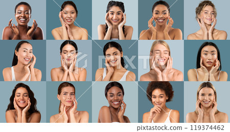 A vibrant collection of women from diverse backgrounds smiling and applying skincare. Each woman poses with hands on their face in a bright, cheerful environment, highlighting beauty and self-care. 119374462
