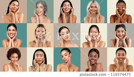A group of women from various backgrounds showcase skincare routines and beauty expressions, highlighting joy and self-care in a colorful studio environment filled with natural light. 119374475