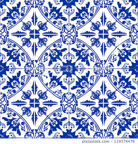 Seamless ornate azulejo ceramic tile art pattern wallpaper background backdrop. Blue abstract ornaments, glazed tilework from Spain and Portugal Seamless ornate azulejo ceramic tile art pattern wallpaper background backdrop. Blue abstract ornaments, glazed tilework from Spain and Portugal 119374476