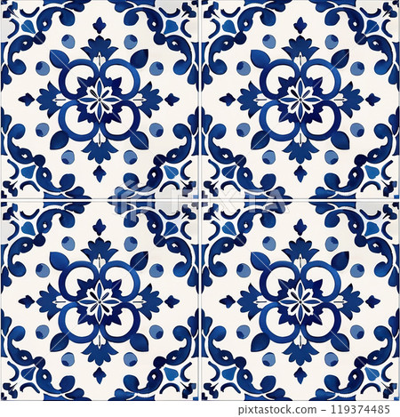 Seamless ornate azulejo ceramic tile art pattern wallpaper background backdrop. Blue abstract ornaments, glazed tilework from Spain and Portugal Seamless ornate azulejo ceramic tile art pattern wallpaper background backdrop. Blue abstract ornaments, glazed tilework from Spain and Portugal 119374485