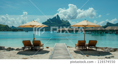 Bora Bora island in Tahiti, French Polynesia. Mt. Otemanu, luxury travel resort destination, summer vacation, holiday, tourism, sandy beach with clear blue waters background wallpaper 119374550
