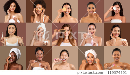 A diverse group of women engages in various skincare activities, smiling and demonstrating their routines. The warm background enhances the positive vibes and promotes self-care. A diverse group of women engages in various skincare activities, smiling and demonstrating their routines. The warm background enhances the positive vibes and promotes self-care. 119374591