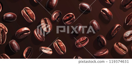 Roasted coffee bean pattern background wallpaper backdrop. Dark, Fresh, caffeine, illustration, brown colors, brew, brewing process 119374631