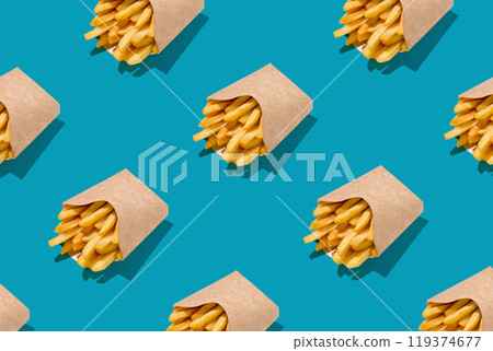 Lots Of French Fries In Paper Boxes Over Blue Background, Geometric Seamless Design, Creative Repeat Pattern, Top View 119374677
