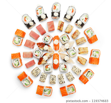 Japanese food restaurant, sushi maki gunkan roll plate or platter set. California Sushi rolls with salmon. Sushi isolated at white background. Top view, flat lay. 119374683