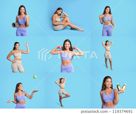 A young woman dressed in colorful activewear demonstrates different fitness activities 119374691