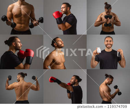 A man performs various exercises with dumbbells and boxing gloves in a studio, highlighting his strength and fitness. He demonstrates different poses, emphasizing physical conditioning and wellness. 119374709