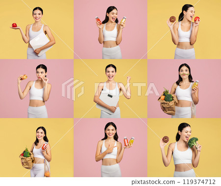 A woman showcases her healthy lifestyle by joyfully holding fruits, snacks, and drinks against vibrant pastel backgrounds, highlighting nutrition and wellness in everyday life. 119374712