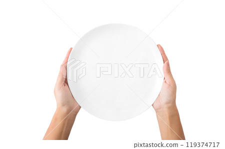 Hunger concept. Woman holding empty plate waiting for food, isolated on white background, top view, copy space Hunger concept. Woman holding empty plate waiting for food, isolated on white background, top view, copy space 119374717