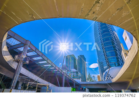 Tokyo cityscape in Japan Redevelopment of the west exit of Shinjuku Station. A ray of hope, with steel frames and the Cocoon Tower visible from the rotary = 7th 119374762