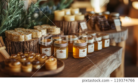 Jars of honey, handmade candles, and natural products are beautifully arranged on wooden displays at a market. 119374766