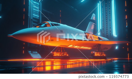 A white, futuristic aircraft is parked in a hangar. The aircraft is lit by orange lights on the underside and blue lights behind it 119374773