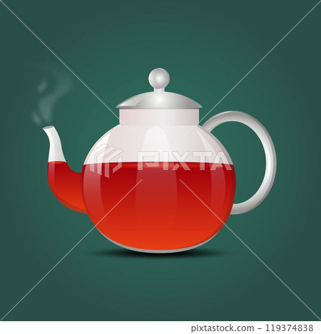 Glass realistic transparent teapot of black hot tea. Glass realistic transparent teapot of black hot tea. 119374838