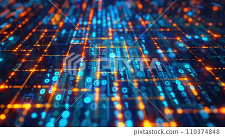 An abstract digital grid with binary code glowing in blue and orange hues. 119374848