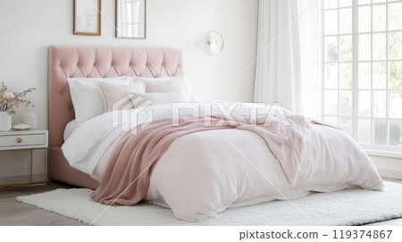 A serene bedroom showcases a tufted pink headboard paired with soft white bedding and a light throw blanket. Natural light fills the space, enhancing the calming atmosphere and gentle decor. A serene bedroom showcases a tufted pink headboard paired with soft white bedding and a light throw blanket. Natural light fills the space, enhancing the calming atmosphere and gentle decor. 119374867