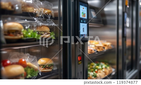 A vending machine displays a variety of fresh meals, including sandwiches and salads, appealing to busy city dwellers. 119374877