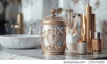 A decorative, cylindrical container with an ornate gold lid and detailed carvings is positioned on a countertop. The container has a white base with gold accents and floral patterns A decorative, cylindrical container with an ornate gold lid and detailed carvings is positioned on a countertop. The container has a white base with gold accents and floral patterns 119374899
