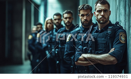 Group of police officers standing together and protecting in dark urban environment 119374931