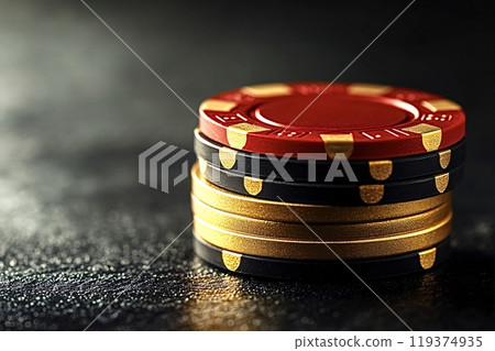 Stack of poker chips sitting on a casino table 119374935