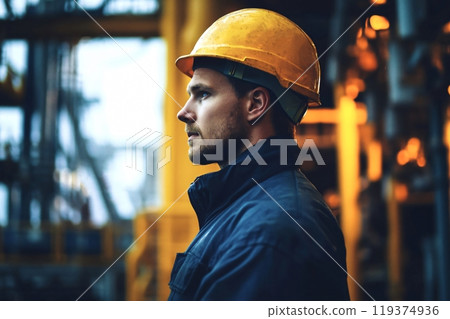 Construction worker wearing yellow hard hat looking away from camera 119374936