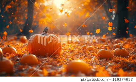 Bright orange pumpkins sit amid a carpet of fallen leaves, illuminated by warm sunlight filtering through trees in an autumn park. 119374937