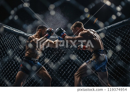 Two muscular mma fighters exchanging punches during a fight in octagon ring 119374954