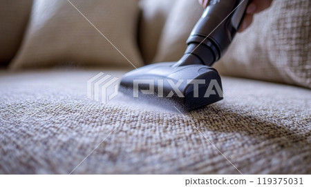 A person uses a vacuum cleaner to remove dust and debris from a textured sofa in a comfortably furnished living room, with natural light streaming in through nearby windows. 119375031