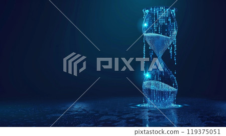 A digital hourglass, composed of binary code, sits on a dark blue surface. Light reflects off the hourglass, creating a sense of movement and time passing. 119375051