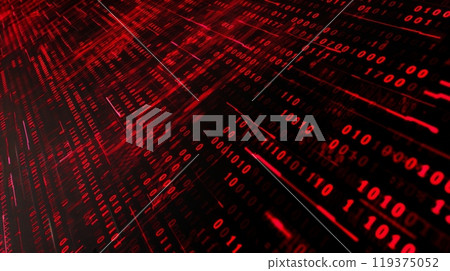 A digital stream of red binary code moving rapidly across a black background. 119375052
