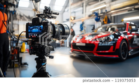 A camera on a tripod is focused on a race car in a well-lit garage, with tools and equipment visible in the background. 119375053