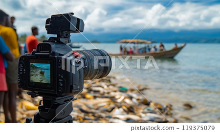 A camera is focused on fishermen bringing in their haul by the lakeside, surrounded by a picturesque landscape under a bright sky. 119375079
